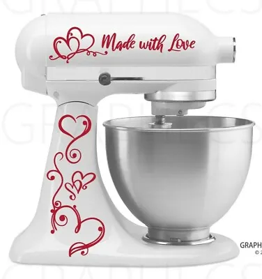 Made With Love Mixer Decal Kitchen Home Decor Love Hearts Vinyl Sticker • $15.99