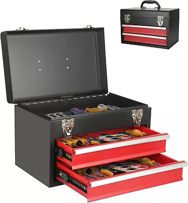 2 Drawers Portable Steel Tool Box With Metal Latch Closure - Black Hand Carry • $69.68
