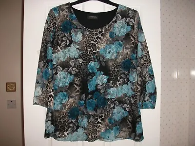 £4.99 • Buy Forever By Michael Gold Blue Black Floral Lacy Pattern Blouse Top Size L 14 -16