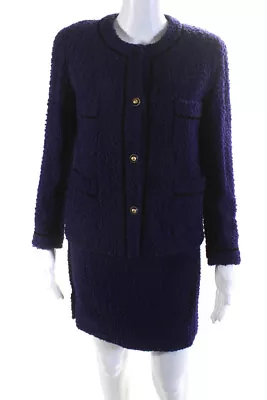 Chanel Boutique Womens Button Up Tweed Chain Weighted Skirt Suit Purple Size 4 • $499.99