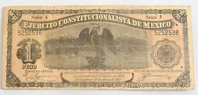 1914 Mexico 1 Peso Banknote Currency EJERCITO CONSTITUCIONALISTA DE MEXICO • $50
