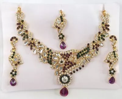 Indian Traditional Gold Purple Green Kundan Earrings Tikka Necklace Jewelry Set • $25.53