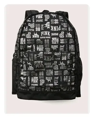 Victorias Secret PINK Classic Backpack Book Bag Black Silver Mixed Logo NEW • $36.95