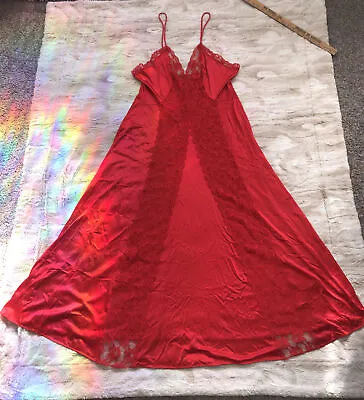 $25 • Buy Vintage Val Mode Satin Nightgown Red With Lace Long Length Size Large
