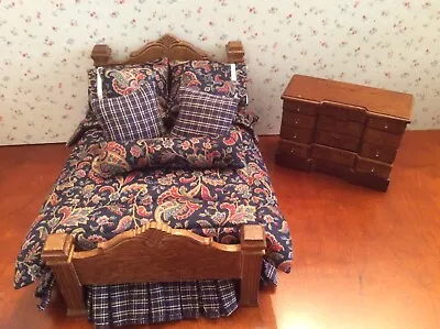 Dollhouse Miniatures Walnut Master Bed With Navy Paisley Bedding And Dresser • $100