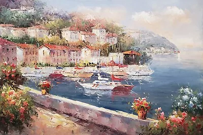 Mediterranean Harbor- #4CMH-2 24x36 100% Hand Painted Oil Painting On Canvas • $59.99