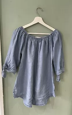 Cosset Made In Italy Blue Linen Bardot Top Size Large Summer  • £22