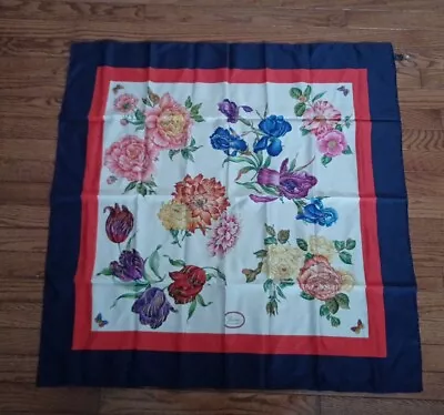 Vintage Gucci Beautiful Flowers Navy Blue Trim Silk Scarf 33”x33  UnUsed Ref920 • $99.99