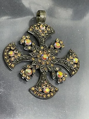 Vintage Maltese Cross Brass Tone Aurora Borealis Crystals Pendant 2.25” • $25