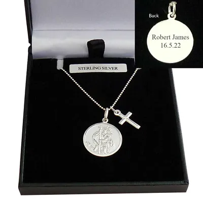 St Christopher Necklace With Cross. 925 Sterling Silver Personalised Engraving • £30.99