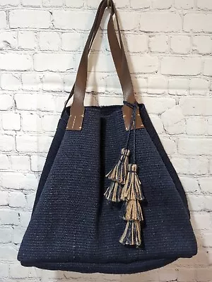 J Jill Woven Natural Navy Jute Tote Bag Leather Handles Tassels Earthy Shopper • $28