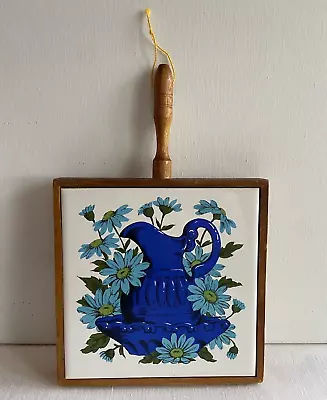 Vintage Trivet Tile Hot Plate Wall Hang Blue White Floral Farmhouse Wood Framed • $14.99