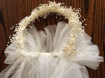 Two-Tiered White Bridal Veil With Beaded Headpiece • $25