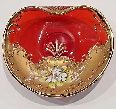 Vintage Venetian Art Glass Trinket Dish Murano Raised Flowers With Gold Gilt • $18