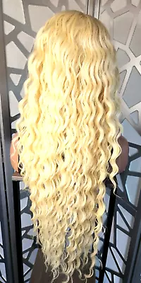 Lace Front Wig Long Curly Golden Yellow Blonde Wig Human Hair Blend Deep Wave • $99