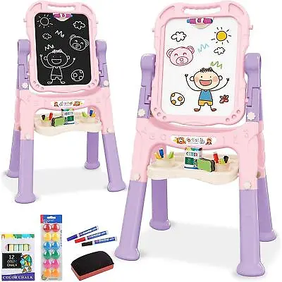 Kids Folding Double Sided Magnetic Drawing Board Easel Colour Chalk Eraser Pink • £32.99