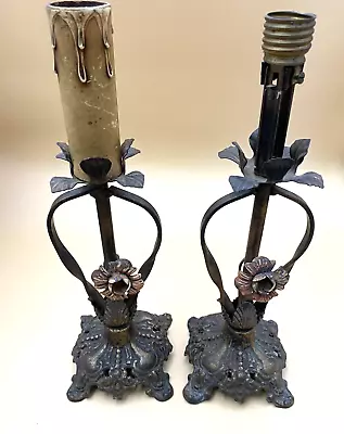 Pair Antique Flowers Candle Cast Iron Metal Table Lamps For Restoration • $69.99