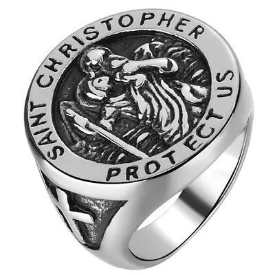 Mens Gold Plated Stainless Steel Saint Christopher Protect US Cross Ring Band • $10.99