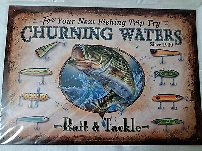 Churning Waters Bail & Tackle Vintage Lures Wall Art Metal Tin (New) • $13.49