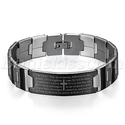 Fashion Silver Black Tone Cross Bible Lord's Prayer Men Stainless Steel Bracelet • $8.54