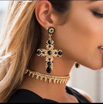 Vintage Black Crystal Cross Drop Earrings For Women Bohemian Large Jewelry • $4.99