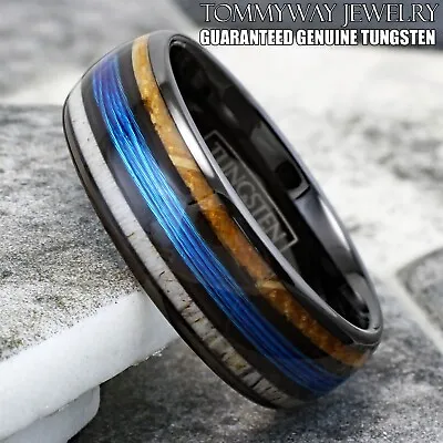 Tungsten Carbide Men's Ring Blue Fishing Line-Whiskey Barrel & Deer Antler Band • $24.99