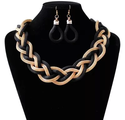 Dubai African Necklace Earring Jewelry Set - Black & Gold • $12.99