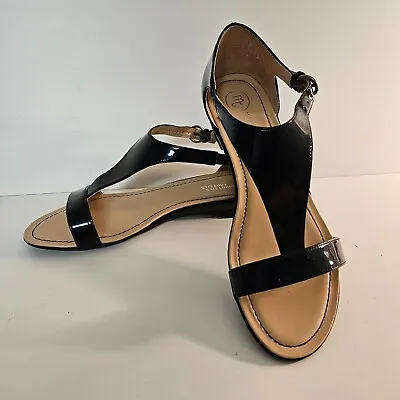 Mootsies Tootsies Size 7.5 Tasty Treat Black Patent Leather T-Strap Wedge Sandal • $21.95