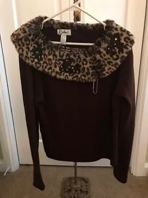 Vintage (?) Carducci Faux Leopard Fur Collared/jeweled Brown Pullover Sweater • $20