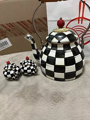 Lot Mackenzie Childs Courtly Check Enamel Tea Kettle Salt And Paper Teapot Set • $142.50