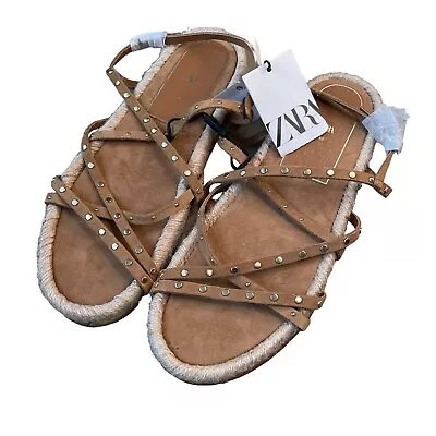 Zara Sand Beige Brown Tan Studded Suede Leather Strappy Sandals Espadrille 40 9 • $50