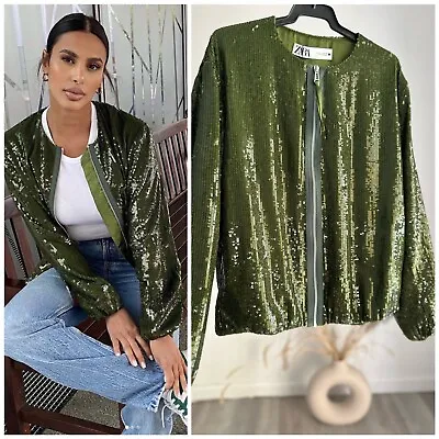 $119 • Buy Zara Sequin Bomber Jacket Emerald Green M NWT