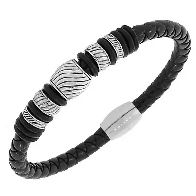 Stainless Steel Black Leather White Gold Silver-Tone Wristband Unisex Bracelet • $19.99