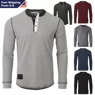 ZIMEGO Men's Long Sleeve Contrast Seam Lightweight Waffle Thermal Button Henley • $29.99