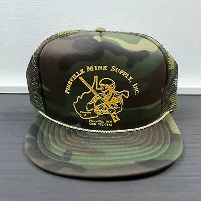 Vintage Camo Trucker Hat Cap Snap Back Green Pineville Mine Rope 90s Y2K Mesh • $19.91