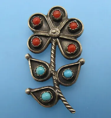 Vintage Matl Style Sterling Silver Turquoise Coral Flower Pin Brooch • $85.50