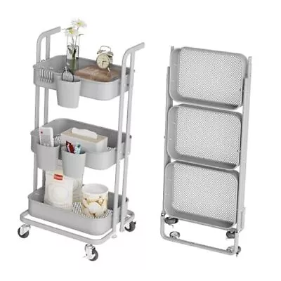  Foldable Rolling Cart Metal Utility Cart With Lockable Wheels 3 Tier Gray • $48.44