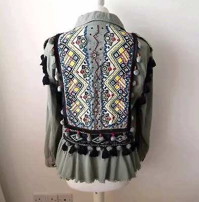 Zara Khaki Boho Embroidered Kimono Jacket Size M Medium 10 12 • $49.79