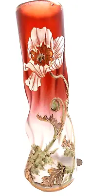 Mont Joye Paris Art Glass Cranberry To Clear  Twisted  Enameled Poppy Vase • $493.87