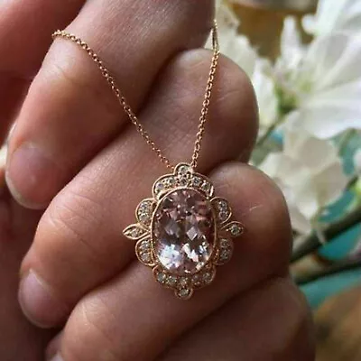 2Ct Oval Cut Morganite Diamond Vintage Halo Pendant Necklace 14K Rose Gold Over • $50.40
