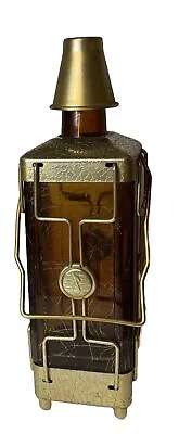 Vintage Music Box Decanter Amber Glass Decanter Gold Metal Carrier Alcohol Beer • $19.99