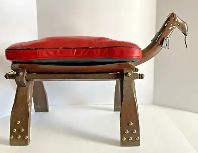 Vintage Camel Stool Ottoman Wood With Leather Seat Brass Red Black Handcarved • $79