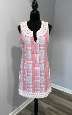 Women's Vineyard Vines Pink Madras Dress Size 8 Lace Trimmed Pink Blue Preppy • $24.99