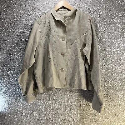 Maralyce Ferree Jacket Women's Medium Brown 100% Linen Button Up Embroidered • $19.79