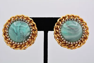 Vintage Cabochon Clip Earrings Aqua Round Rhinestone Gold Chunky 1980s BinAO • $31.96