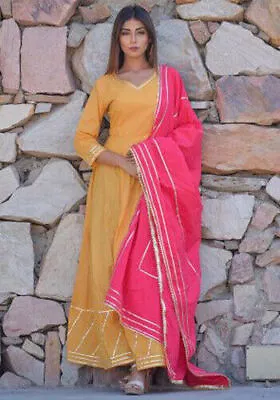 New Party Wear Gota Patti Indian Plazo Suit Yellow Pink Plazo Kurta Dupatta Suit • $66.28