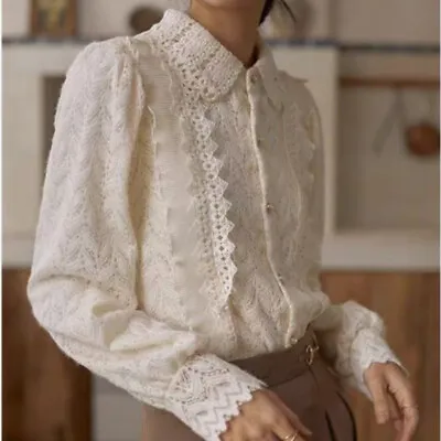 Vintage Style Women Floral Lace Shirt Blouse Top Long Sleeve Button Lapel Collar • £27.59