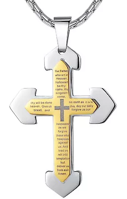 Men's Stainless Steel Bible Our Father Lord's Prayer Cross Pendant Necklace • $17.08