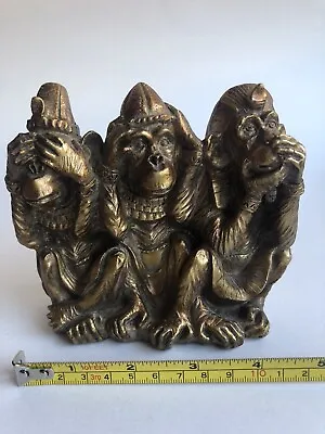Monkey Figurine No See.. No Speak Brass Color Egyptian Clothing Mid Century • $19