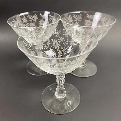 3 Fostoria CHINTZ Champagne Low Sherbet 4 3/8” Glasses Etched Lace Elegant Era • $24.99